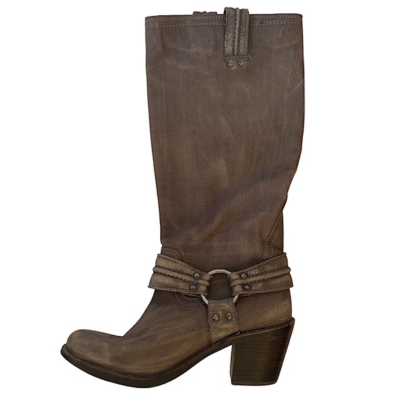 Frye Carmen Harness Tall Distressed Leather Heeled Boot, Dusty Brown, SZ 8, NWOB - Picture 1 of 10